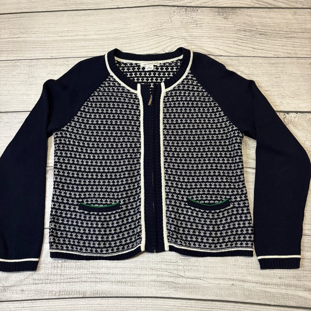 Liz Claiborne Navy & White Knit Cardigan Sweater Zip Front Pockets Size Medium